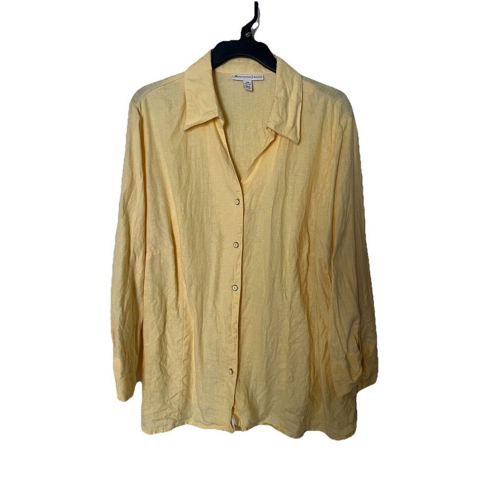 JM Collection Shirt Womens 16W Yellow Button Up Linen V-Neck Tab Sleeve
